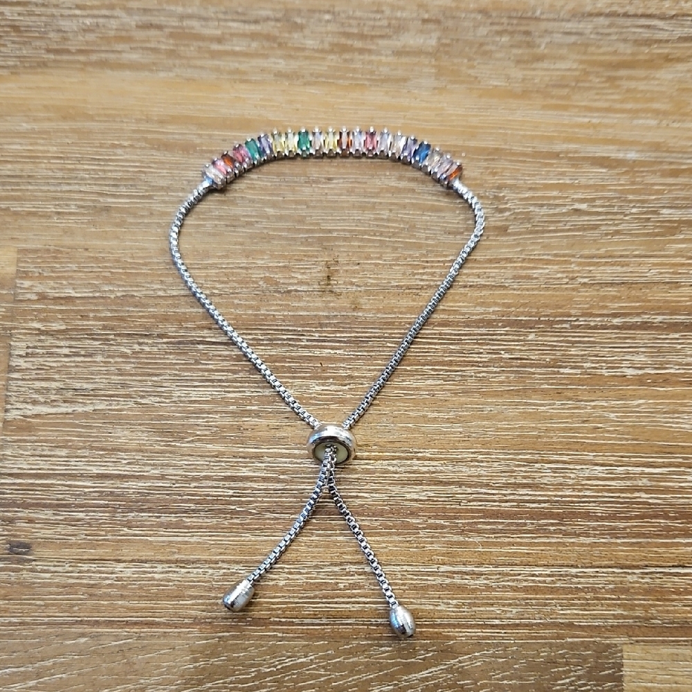Silver Adjustable Bracelet with Multicolor Baguette Stones